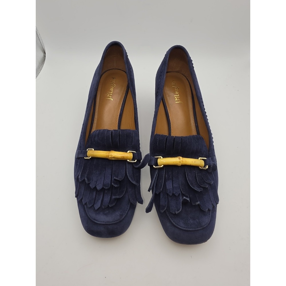 J. McLaughlin Navy Suede Kiltie Loafers with Bamboo Bit Detail Size 9